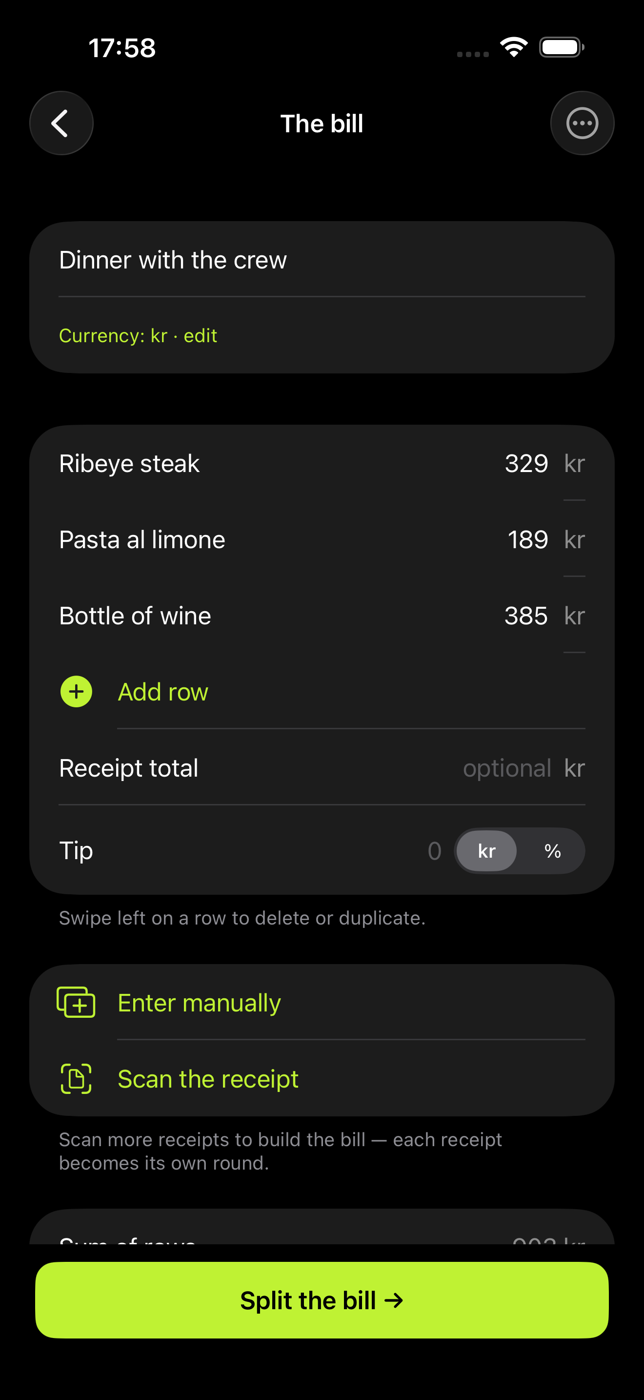 nota app showing a restaurant bill ready to split