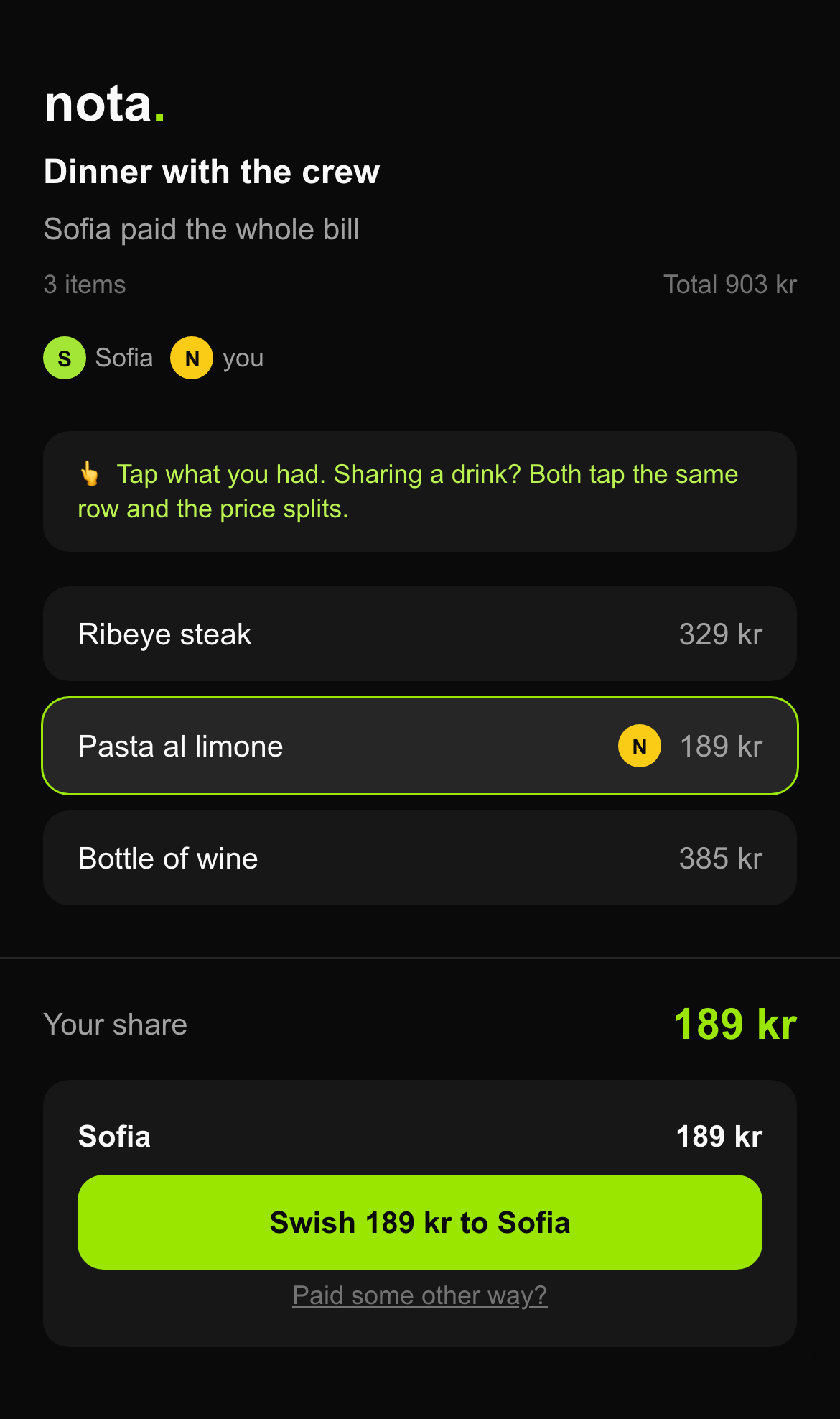 nota guest view in the browser — your share and a one-tap payment button