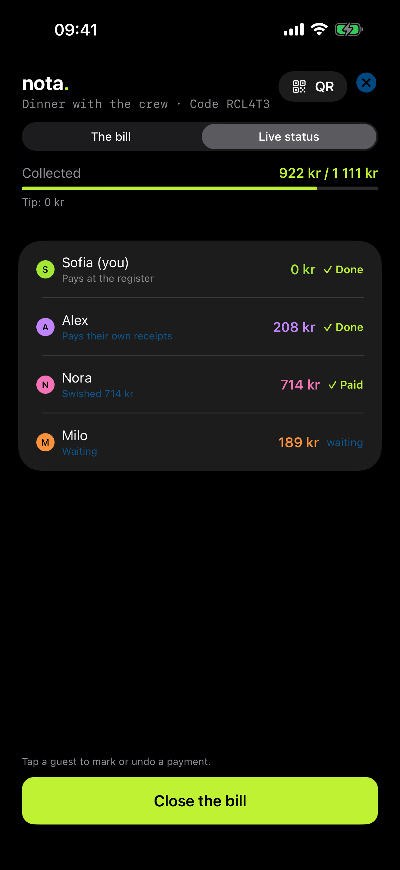 nota live status — who has paid, tracked in real time with co-hosts