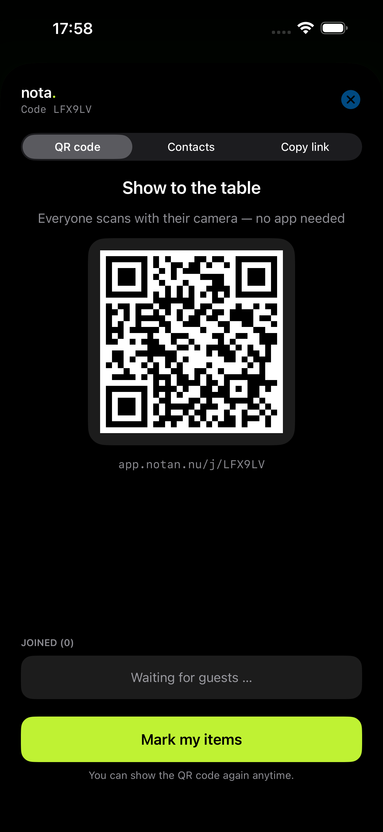 nota host screen showing a QR code to share the bill